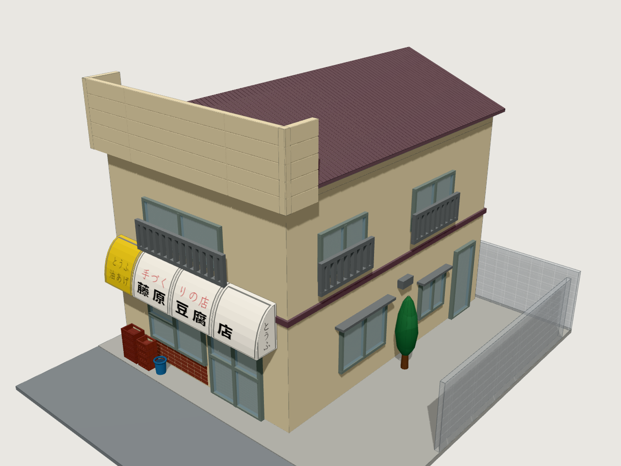 Final perspective render of the Fujiwara Tofu Shop visual reconstruction