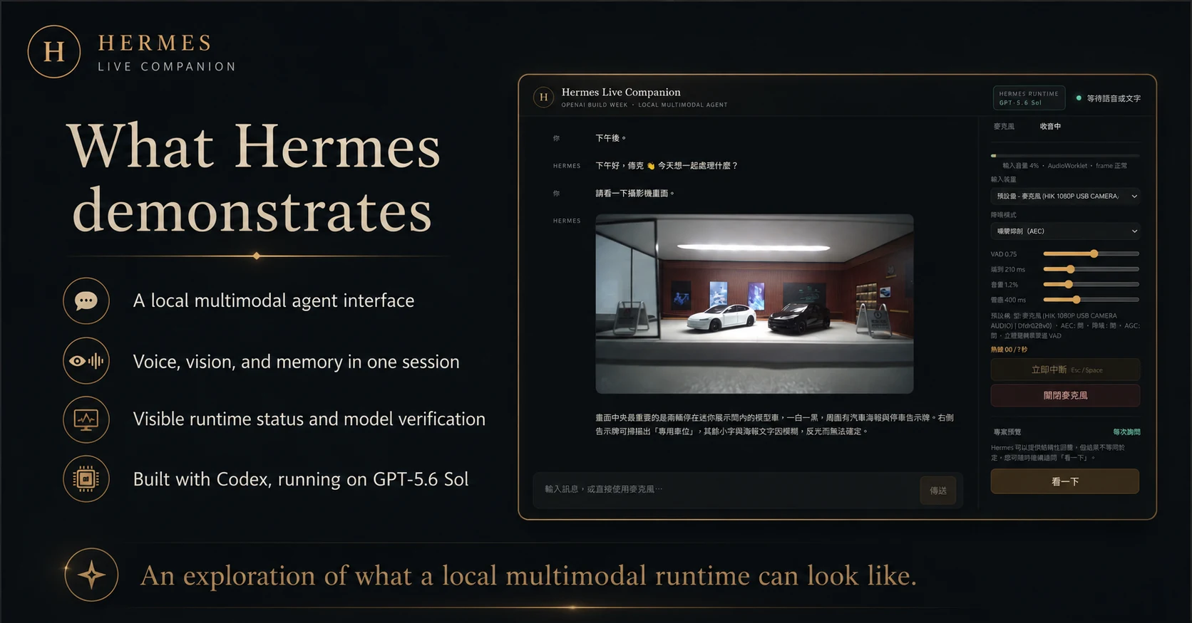 Hermes Live Companion interface with conversation, camera view, and voice controls