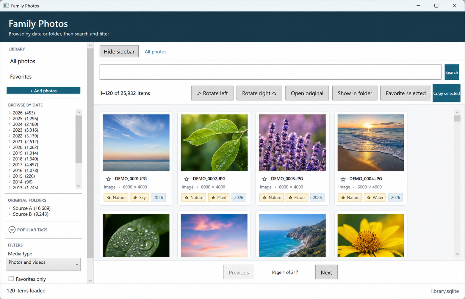 Privacy-safe Family Photos browser with generic nature demo images