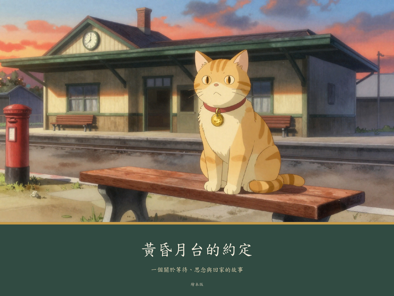 Picture-book cover with an orange cat at a twilight station